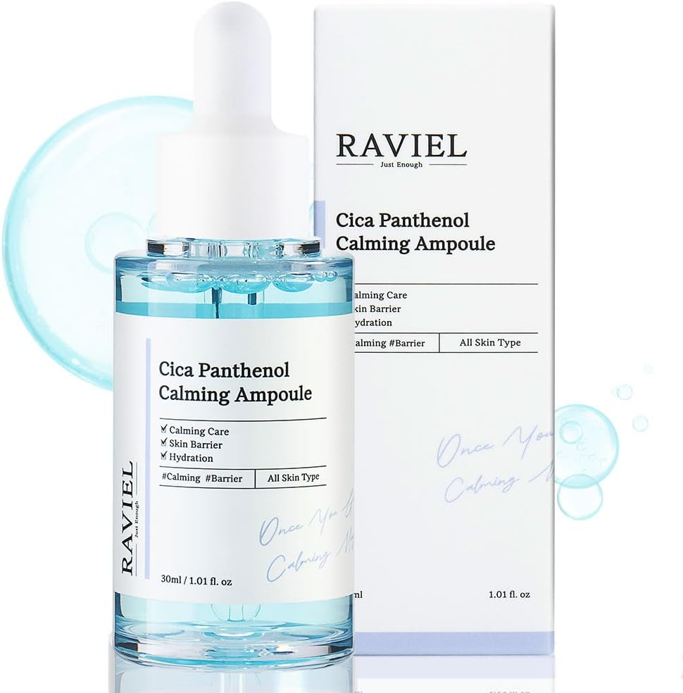 RAVIEL Cica Calming Ampoule โ Soothing & Hydrating Serum with Panthenol and 5X Exosome Complex for Sensitive, Troubled Skin, Korean Skincare,30ml 1.01 fl oz