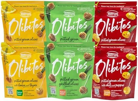 Olibites Green Olives | Grilled + Lemon & Thyme + Chili & Pepper | Pitted & Marinated in Extra Virgin Olive Oil | Gluten Free, Vegan, No Preservatives, Unpasteurized | 6 Pack (1oz)