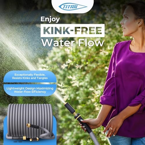 TITAN Garden Hose | Flexible, Lightweight, Kink-Free & Durable Hybrid Water Hose with Heavy Duty Brass Connectors & High-Pressure Jet Nozzle (50FT x 1/2”) - Thumbnail 4