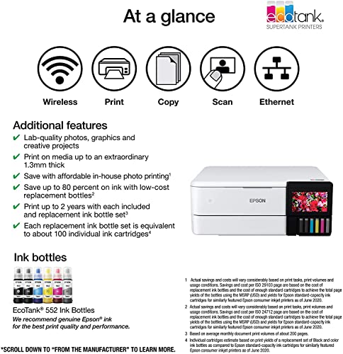 Image of Epson EcoTank Photo ET-8500 All-in-One Wireless Color Supertank Printer with Scanner and Copier - Print Scan Copy Fax- Auto 2-Sided Printing - White-Bundle with Ahaghug Printer Cable.
