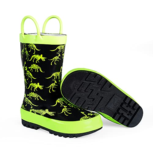 Norty Rubber Rain Boots For Kids - Waterproof Rubber Boots Boys And Girls Solid & Printed Rainboots For Toddlers And Kids - Dinosaur Bones #TOP1