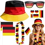 Deutschland Fanartikel, WM 2026, 6 Stück WM 2026 Fanartikel Set mit Mütze Brille Fahnen Aufkleber und Blumenkranz, Fußball WM 2026 Fanartikel für Stadionbesuche und Nationalmannschaft Unterstützung