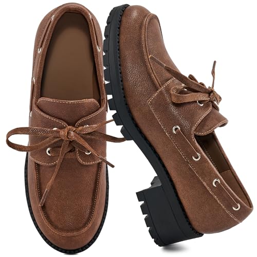 Image of Ablanczoom Platform Oxford Shoes for Women : Lace Up Women's Platform Chunky Loafers with Lug Sole Dress Shoes for Work Business Brown