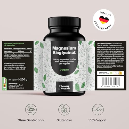 Magnesium Bisglycinat Hochdosiert - 250 Kapseln - 362 mg Magnesium Glycinat pro Tag - Vegan & Produziert in Deutschland - Laborgeprüft - Verpackung kann variieren