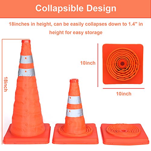 5Pcs 18" Collapsible Traffic Cones With Nighttime Led Lights Pop Up Safety Road Parking Cones Weighted Hazard Cones Construction Cones Fluorescent Orange W/2 Reflective Silver Strips Collar #TOP1