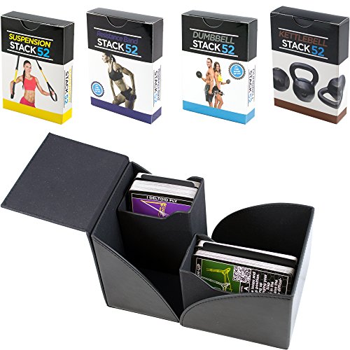Stack 52 Exercise Card Gift Box Set. Dumbbell, Kettlebell, Resistance Band, and Suspension Workout Card Games. Video Instructions Included. Fun Home Gym Fitness Training Program.