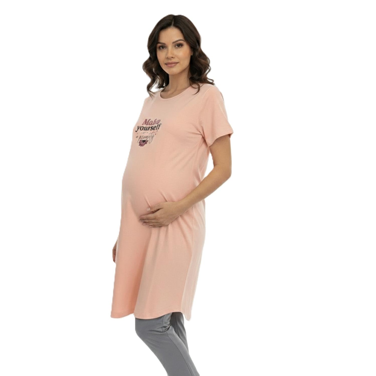 Women Combed Cotton Bump Friendly Lounge Peach T-Shirt & Grey Pant Set-image-5
