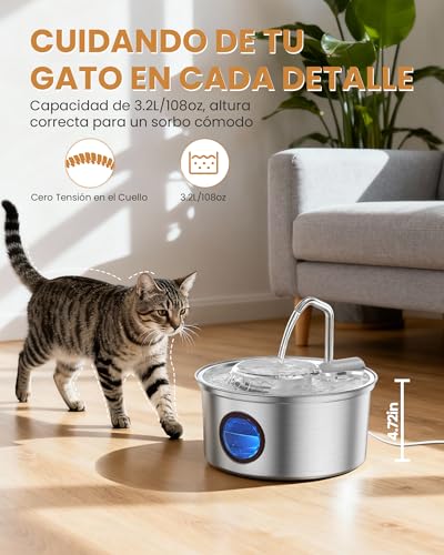 Kittyspout Fuente para Gatos, 3.2L Bebedero Gatos Acero Inoxidable con Ventana Transparente, Fuente Gatos 2 en 1 con Cuenco ExtraíBle, Ultra Silenciosa, con 3 Filtros de CarbóN Activado - imagen 4