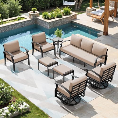 Image of Patio Furniture Set 9-Seat Aluminum Armrest Sofa, Modern Outdoor Living Room Set with 2 Swivel Chairs, 5.1 inch Cushions, High Backrest & 2 Footstools, Backyard, Poolside - Sand