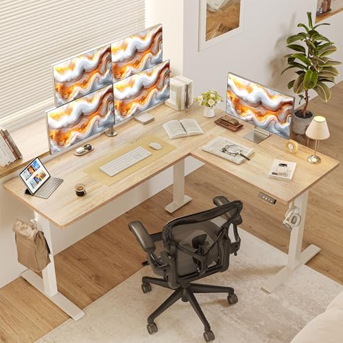 TIQLAB L Shaped Standing Desk Adjustable Height, Reversible Electric Corner Standing Desk, 63 x 55 inch Sit Stand Computer Table with Splice Board, Maple - Thumbnail 2