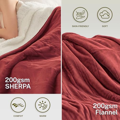 Heat Blanket 50”x60” Throw,Soft Flannel & Sherpa Reversible Electric Blanket with 10 Heat Settings,12 Timer Setting and 3 Hours Auto-Shut Off,ETL Certified Machine Washable,Red