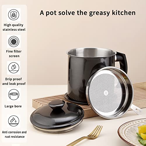 Image of Kyraton Black Bacon Grease Container With Strainer, 48 oz Black Coating Stainless Steel Oil Container, Pot Fat Storage With Lid, Easy Grip Handle, Cooking Grease, 14.5l x 14w x 16.5h centimeters