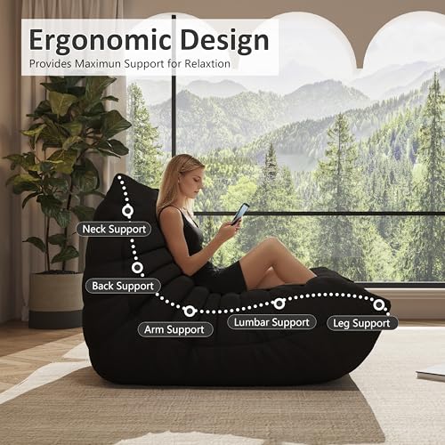 Image of Giant Bean Bag Chair for Adults - Cozy Loveseat Fireside Accent Chair with Memory Foam,Comfy Lazy Oversized Floor Sofa Couch Boneless Chaise Lounge for Living Room Bedroom Gaming Room (2 Seater)