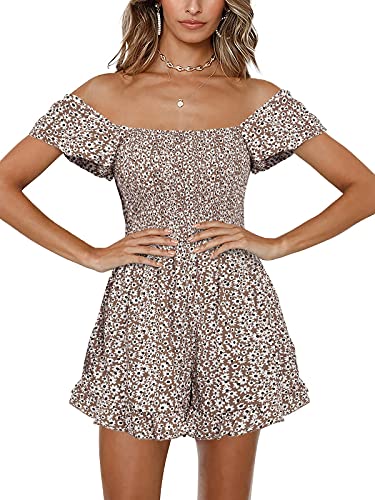 Jeanewpole1 Womens Floral Wide Leg Short Rompers Shirred Ruffle Sleeve Jumpsuit Khaki #TOP1