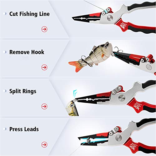 KRLAO Fishing Pliers Fish Hook Remover Muti-Function Split Rings Pliers Braid Line Cutter, Corrosion Resistant Saltwater Fishing Tool Set with Leather Sheath & Lanyard, Fishing Gifts for Men