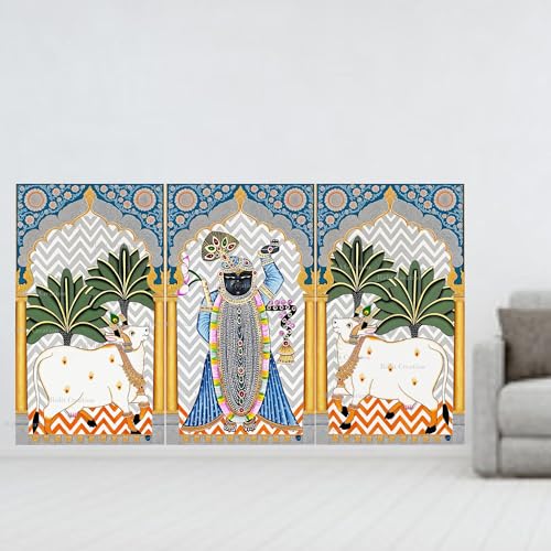 Image of Ridit Creation Shrinathji Wall Poster Set of 3 with Sacred Cow & Traditional Temple Arch Design | Indian Spiritual Religious Wall Art for Living Room, Bedroom, Pooja Room & Mandir Decoration