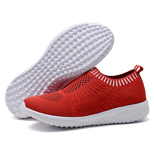 Konhill Women's Lightweight Casual Walking Athletic Shoes Breathable Mesh Work Slip-On Sneakers 5 Us Red #TOP3