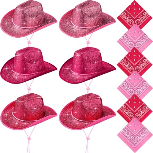 Image of Coume 12 Pcs Sparkly Adults Cowboy Hat and Bandanas Women Men Western Glitter Cowgirl Party Hats with Adjustable Drawstring