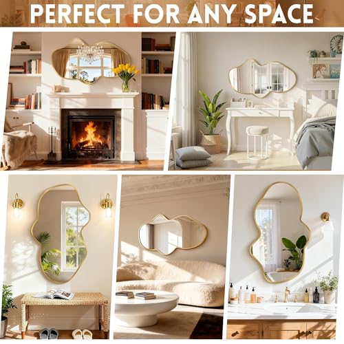 Irregular Wall Mirror, Gold Bathroom Wavy Abstract Mirror for Over Sink, Decorative Cloud-Shaped Wall Mirror, Stylish Shatter-Proof HD Mirror for Bedroom, Entryway (22"x36", S, 1 Pack) - Image 5