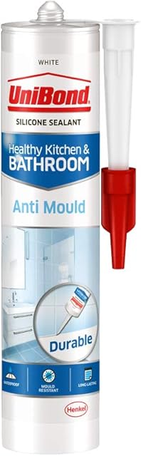 UniBond 2079356 Anti-Mould White, Waterproof Mould Protection Kitchen & Bathroom Sealant, Long-lasting White Silicone Sealant, Powerful Bath Sealant, 1 x 274g Cartridge