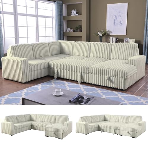 122'' Convertible U-Shaped Faux Rabbit Fur Plush Sectional Sleeper Sofa, Upholstered Cloud Couch Pull-Out Sofa Bed with Storage Chaise for Living Room (Grayish White, 122'' x 95.6'')