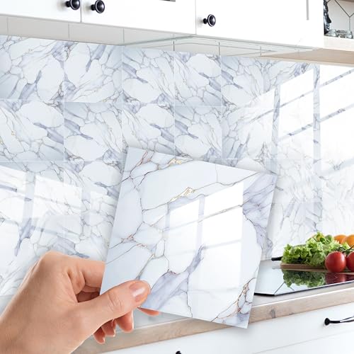 WALPLUS Carrelage Adhesif Mural Cuisine 15x15cm Peler et Coller Carrelage Adhesif Mural Salle de Bain Moderne Marbre Blanc Crédence Adhésive Cuisine Mise à Jour Credence Adhesive Aalle de Bain 24pcs