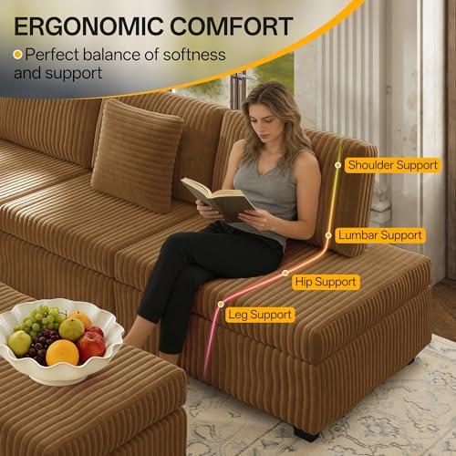 Image of KEIKI 110 inch L-Shaped Oversized Plush Corduroy Modular Sectional Sofa with Pull-Out Bed, Convertible 6-Seater Sleeper Couch Bed with 1 Ottomans & USB & Cup Holders, Easy Assembly, for Living Room, Camel