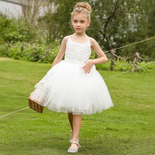 Lace Flower Girl Dresses for Wedding with Bow Spaghetti Straps Tea Length Princess Party Gowns3