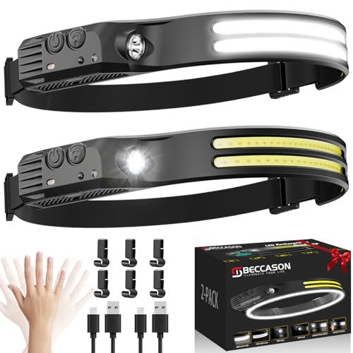 Beccason 2Pack LED Headlamp Rechargeable - 230° COB Super Br...