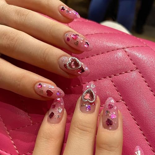Valentines Nails Press Ons - Valentines Press On Nails Almond Pin...