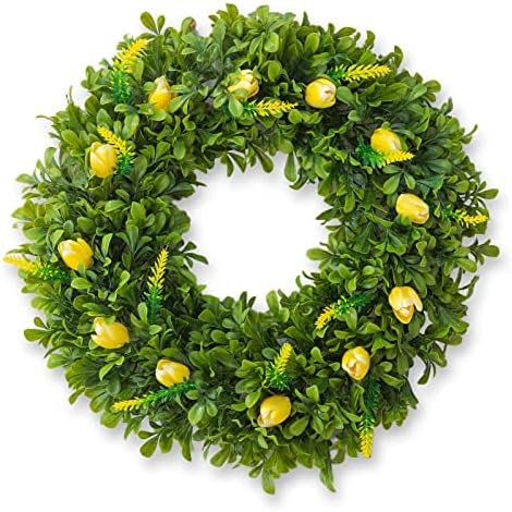 Sunvissh Spring Wreaths for Front Door 20”Yellow Tulip Wreath, Artificial Boxwood Green Leaf Wreath with Storage Box for Farmhouse Baby Shower Wall Decor Window Front Porch Patio Garden Decoration