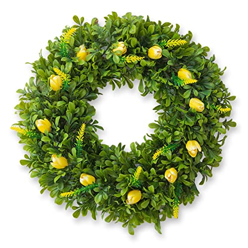 Sunvissh Spring Wreaths For Front Door 20”Yellow Tulip Wreath, Artificial Boxwood Green Leaf Wreath With Storage Box For Farmhouse Baby Shower Wall Decor Window Front Porch Patio Garden Decoration #TOP2