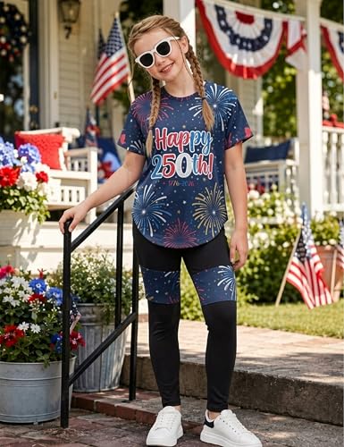 Image of Girls 2 Piece Outfits Kids Clothes Pants Sets Print Short Sleeve Top Leggings Spring Summer Tracksuit 4-13Y