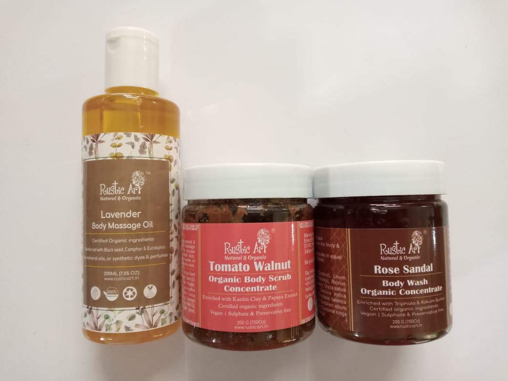 Rustic Art Organic Rose Sandal Body Wash Concentrate (200gm), Tomato Walnut Body Scrub Concentrate (200gm) & Organic Lavender Body Massage Oil (200ml), Combo Pack-image-7