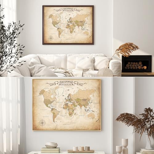 Image of DECORARTS - Oversized Personalized World Travel Map with Pins, Custom Name, Pin Board Canvas Wall Art, Antique Old World Decor, Optional Wood Frame, Giclee Print, Handcrafted in USA, 40x30''