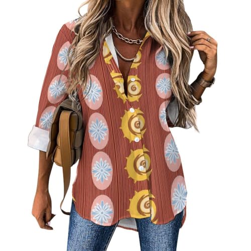 Women's Long Sleeve Shirt Irregular Hem Relaxed Fit Lightweight Boho Crescent Moon and Pink Floral Oval Red Stripes Pattern for Office XL