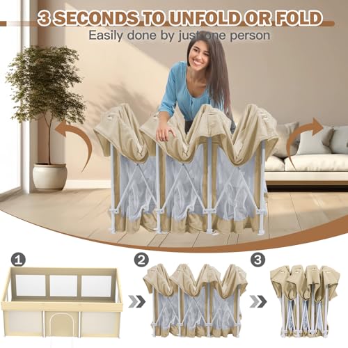 Image of Foldable Large Baby Playpen 50 inchx71 inch, Portable Playard for Babies & Toddlers, No Assembly, Safe Zipper Gate, Soft Mesh Sides, Ideal for Indoor & Outdoor Use, Includes 100 Ocean Balls, Beige
