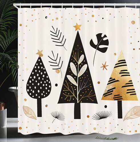 ABAKUHAUS Weihnachten Duschvorhang, Moderne skandinavische Weihnachtsstimmung, Stoffliches Gewebe Badezimmerdekorationsset mit Haken, 175 x 200 cm, Beige Schwarz Anthrazit grau