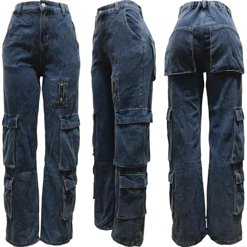 Women's High Waistd Jeans Wide Straight Leg Baggy Cargo Y2K with Multiple Pockets Casual Denim Pants4