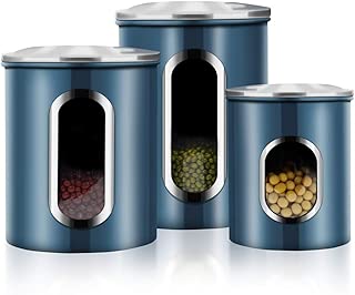 Canisters Set, 3 Piece Window Kitchen Canister with Fingerprint Resistance Lids, Blue - coolthings.us
