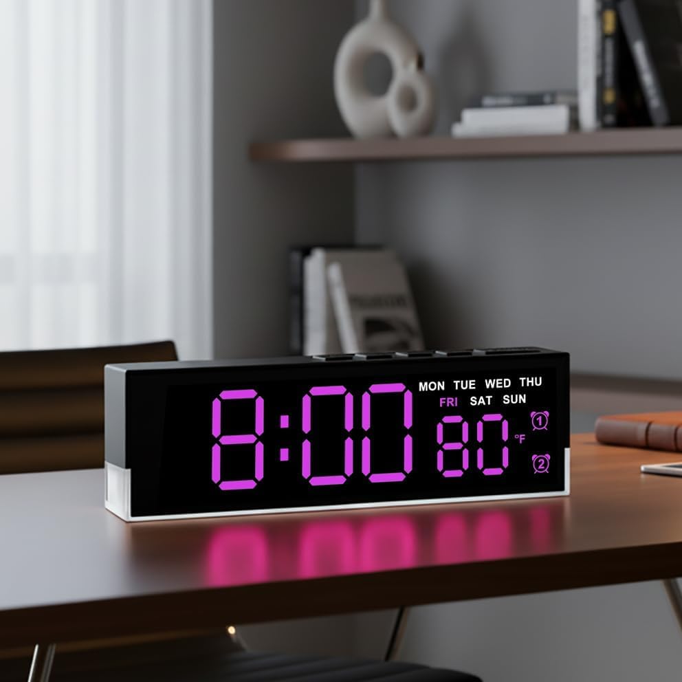 Image of 7 inch Digital Alarm Clock with LED Display, Dual Alarms & Soft Bottom Light, Displays Time, Date, Day, Temperature, 12 /24 Hour Format, Adjustable Brightness, Desk /Table Clock for Home (Pink)