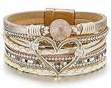 Leopard Bracelet for Women, Boho Leather Wrap Multi-Layer Pearl Crystal Bracelet Bangle Jewelry (Heart Leather(Khaki))