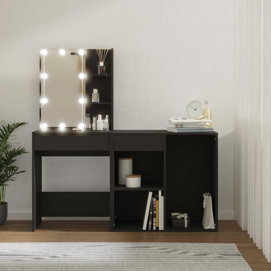 LED-Schminktisch mit Schrank Schwarz Holzwerkstoff, 60x40x140 cm, mit LED-Beleuchtung, Spiegel, Schublade, Stauraum und USB, für Schlafzimmer, Ankleidezimmer, modernes Makeup Styling