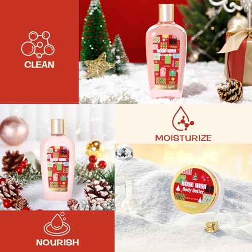 Bath Sets for Women Gift, Christmas Bath Set Gifts for Women Girls, Rose Scented Body Care Spa Gifts for Women with Body Butter, Shower Gel, Lotion, Candle and Towel, Christmas Bath Gifts for Women