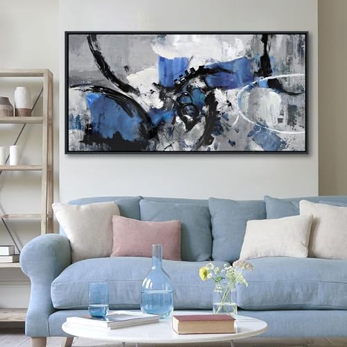 Image of Blue Abstract Canvas Wall Art: Large Wall Art Paintings for Living Room, Modern, Framed Artwork in Blue and Black -Bedroom, and Office Decorations for Work - Gray Pictures for bedroom Wall Decor