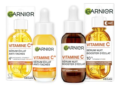 Garnier Skin Active Cofanetto siero giorno anti macchie scure + siero notte booster di lucentezza, per la cura del viso, con vitamina C, vegan e cruelty free, per tutti i tipi di pelle, 2 x 30 ml