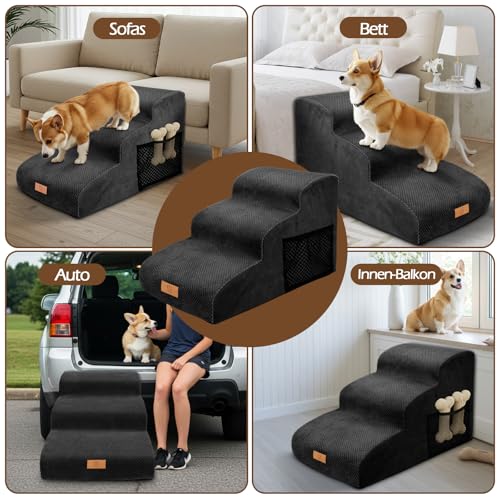 Eukue Hundetreppe 3 Stufen, Hundetreppen für Kleine Hunde und Katzen, Tragbare Hunderampe für Bett und Sofa, Hochdichtem Schaum Haustiertreppe mit Bezug und Tasche, Schwarz