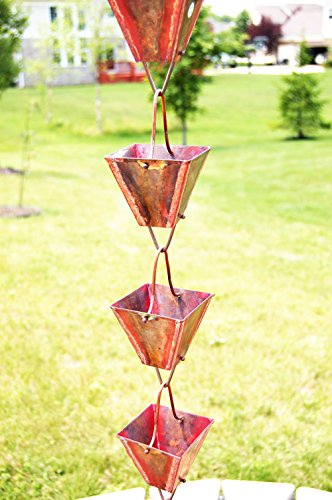 U-nitt 8-1/2 feet Pure Copper Rain Chain, Alternative Downspout for Gutter, XL Plain Square Cup, Antiqued Copper, 8.5 feet Length, 3121URL
