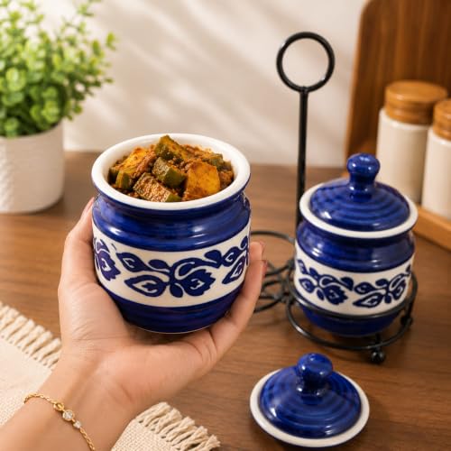 Image of Niyara Multipurpose Storage Ceramic Pickle set Jars & with Lid & tray (Set of 2, 300 ML) (BLUE FLOWER)