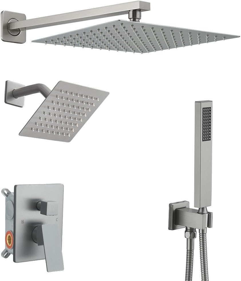 Shower Faucet Set Brushed Gold Shower System with Handheld, Wall Mount 12 Inch Shower Head with 6 Inch Wall Mount Shower Head